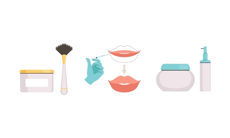 Vector aesthetic face skin injection and beauty procedure vector set