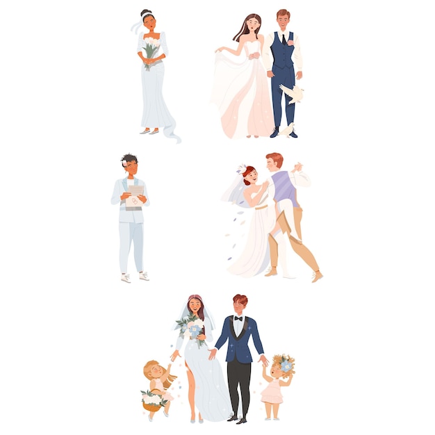 Afectuosos recién casados parejas como recién casados hombre y mujer en vestido de novia bailando y sintiéndose enamorados conjunto de ilustraciones vectoriales
