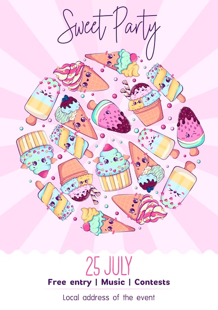 Vector afiche a4 con helado de garabato de dibujos animados kawaii para evento de fiesta dulce colores pastel ilustración vectorial de comida linda para marketing