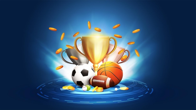 Afiche de apuestas deportivas con copas de campeón, balones deportivos y monedas de oro que caen sobre fondo azul con focos