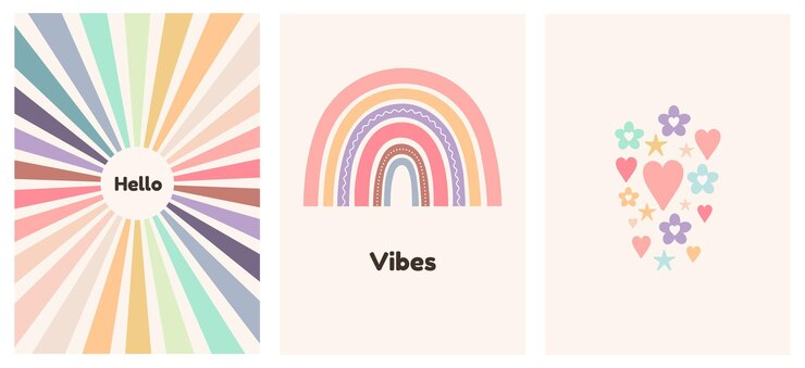 Vector afiche de arte abstracto para niños con arcoíris diseño de portada de afiches minimalistas con corazones de sol estrellas flores