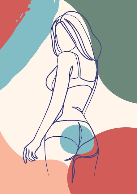 Vector afiche de arte continuo de una línea del cuerpo de la mujer en bikini. chica joven belleza minimalista.