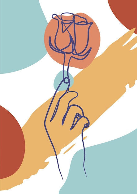 Afiche de arte de línea continua de una mano sosteniendo una flor. mano que sostiene el arte de una línea de flor