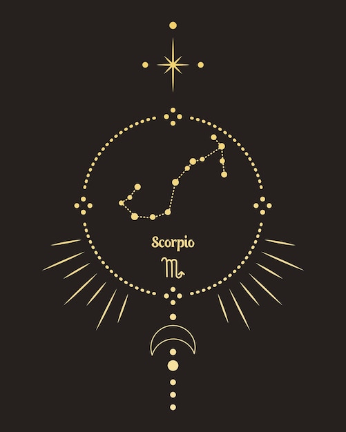 Afiche de astrología mágica con constelación de escorpio, carta de tarot. Diseño dorado sobre fondo negro.
