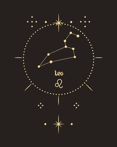 Afiche de astrología mágica con constelación de leo, carta de tarot. diseño dorado sobre fondo negro.