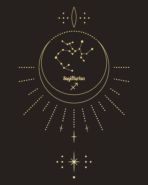 Afiche de astrología mágica con constelación de sagitario, carta del tarot. Diseño dorado en un fondo negro