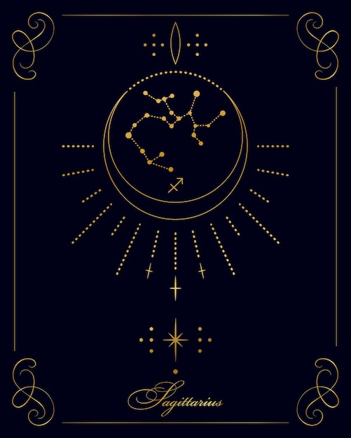 Afiche de astrología mágica con constelación de sagitario, carta del tarot. Diseño dorado en un fondo negro