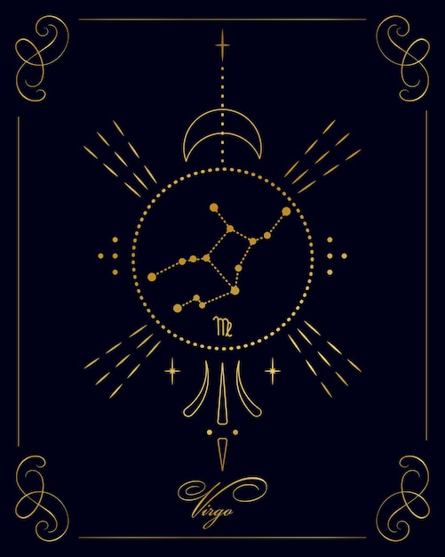 Afiche de astrología mágica con constelación de Virgo, carta de tarot. Diseño dorado sobre fondo negro.