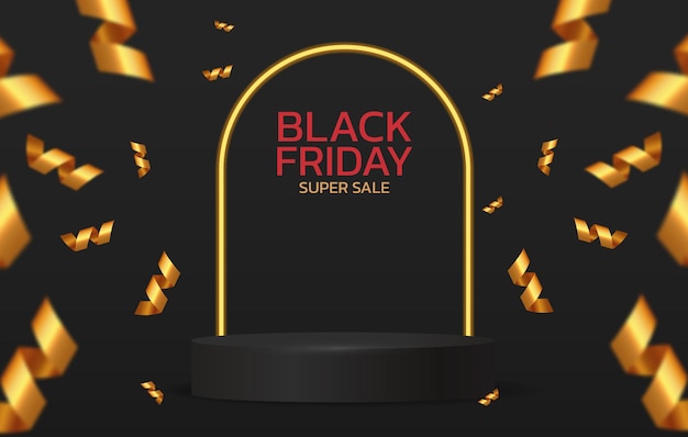 Vector afiche de black friday super sale banner en el podio de fondo oscuro a la venta