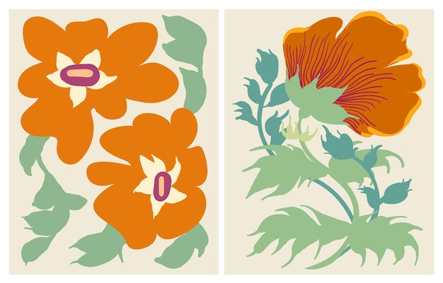 Afiche botánico con flores y ramas. Estilo moderno, colores pasteles