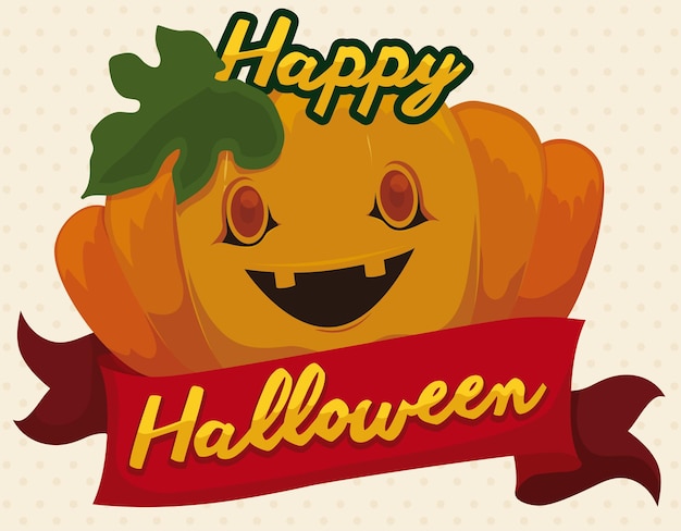 Vector afiche con calabaza sonriente decorado con mensaje de saludo en una cinta roja para celebrar halloween