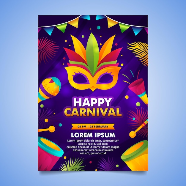 Vector afiche del carnaval brasileño de río con máscara colorida y elementos decorativos