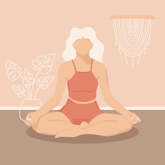 Afiche con una chica en posición de loto en estilo boho Ilustración vectorial Estilo plano Mujer haciendo yoga y meditación