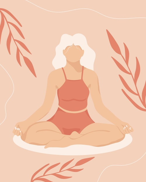 Afiche con una chica en posición de loto en estilo boho Ilustración vectorial Estilo plano Mujer haciendo yoga y meditación