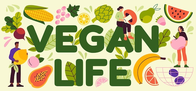 Vector afiche colorido del concepto de vida vegana con inscripción y personajes que sostienen verduras y frutas