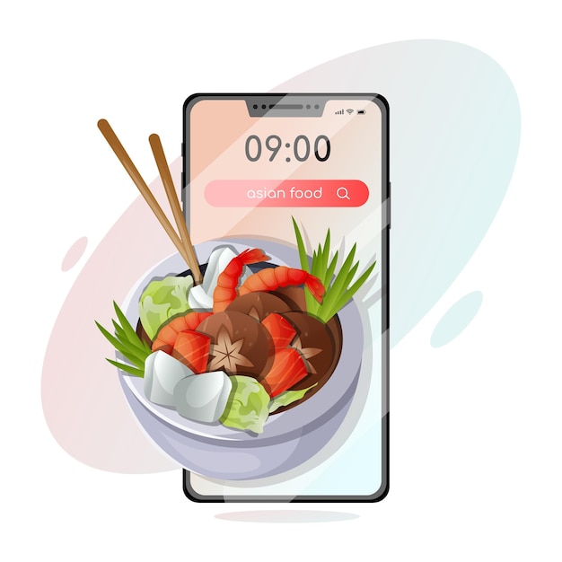 Afiche de comida asiática Plato japonés con diferentes ingredientes en smartphone