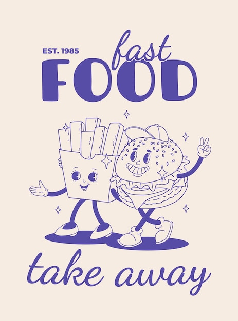 Afiche de comida rápida azul sobre beige Ilustración retro maravillosa con personajes de comida callejera Folleto