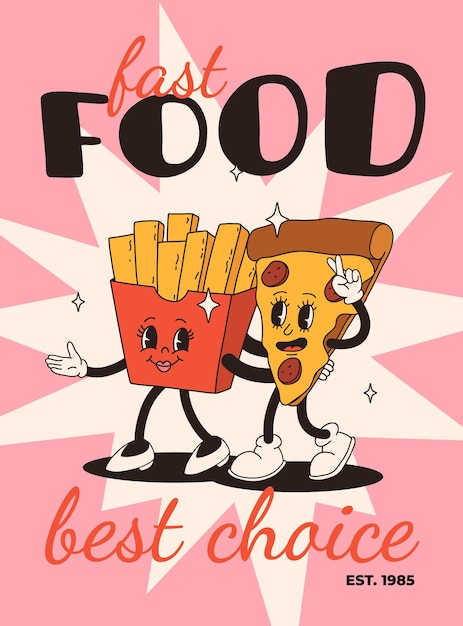 Afiche de comida rápida de dibujos animados Tarjetas retro groovy con personajes de comida mascota Diseño de folleto con texto de cita para café Banner con funky groovy hamburguesa papas fritas helado de soda Entrega de comida rápida