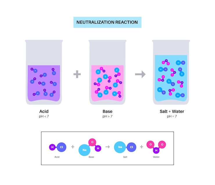 Vector afiche del concepto de neutralización de la reacción con la fórmula química el ácido y la base reaccionan con el agua y la sal reactivo de laboratorio ecuaciones químicas ilustración vectorial plana aislada para la educación