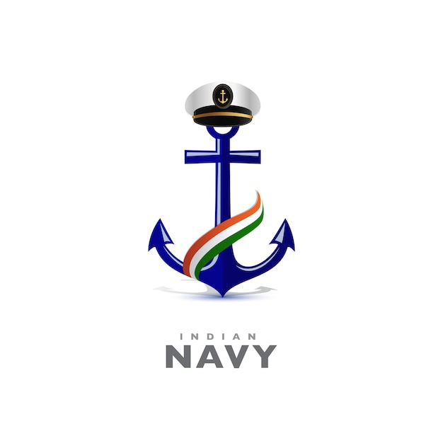 Afiche conceptual de la marina india, diseño de pancartas. Oficial de la marina, gorra de soldado, ancla y onda de bandera india