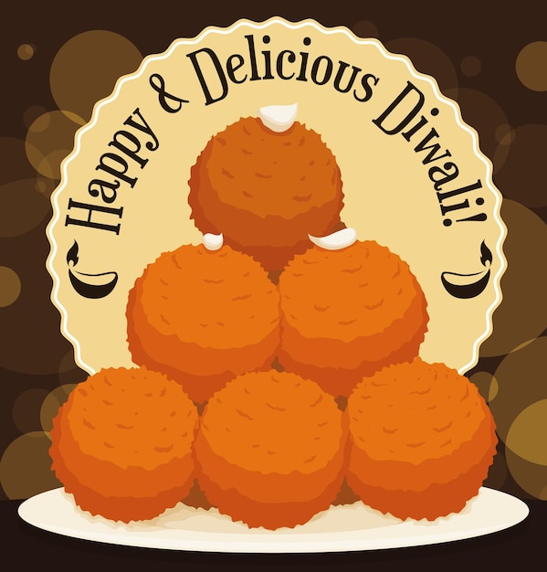 Afiche con deliciosos postres Laddu apilados en una noche iluminada para disfrutar en la celebración de Diwali