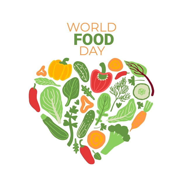 Afiche del día mundial de la alimentación con verduras en forma de corazón con texto arriba nutrición dieta saludable