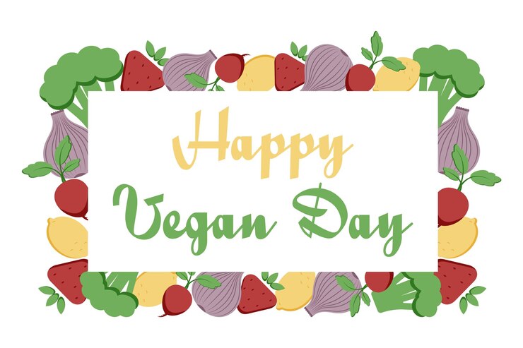 Afiche del Día Mundial del Vegano y pancarta fresa cebolla brócoli rábano limón estilo plano Eco verde