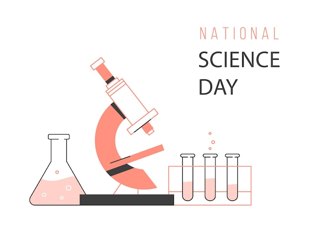 Afiche del Día Nacional de la Ciencia con microscopio, matraz y tubo de ensayo.