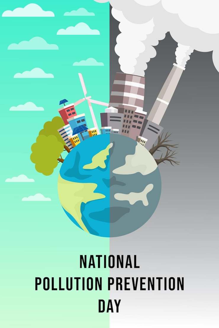 Vector afiche del día nacional de prevención de la contaminación con ambiente limpio y ambiente contaminado