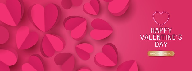 Afiche del día de San Valentín feliz o plantilla de pancarta hermoso papel cortado con corazones en el lugar de fondo rosa para el diseño de vectores de texto