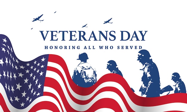 Afiche del día de los veteranosHonrando a todos los que sirvieron Ilustración del día de los veteranos con bandera estadounidense y soldados