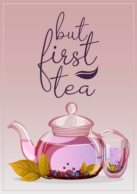 Afiche de diseño de plantilla con tetera de vidrio, taza de té y letras.