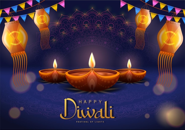 Afiche de Diwali feliz con lámpara Diya y ilustración vectorial de pavo real. Festival indio de las luces Diseño