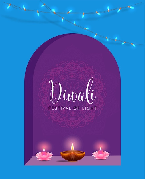 Afiche de Diwali feliz con lámpara Diya y ilustración vectorial de pavo real. Festival indio de las luces Diseño