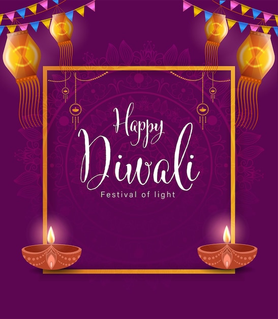 Afiche de Diwali feliz con lámpara Diya y ilustración vectorial de pavo real. Festival indio de las luces Diseño