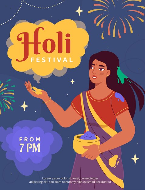Afiche del festival de Holi mujer con pinturas en las manos vacaciones y celebraciones indias cultura asiática oriental