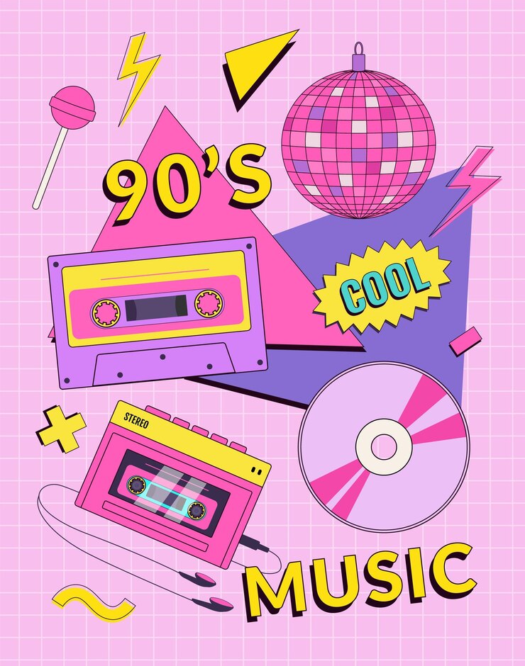 Vector afiche del festival de música retro de los 90 con reproductor de audio, cassette, bola de discoteca y elementos geométricos.