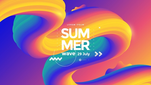 Afiche del festival de olas de verano. fondo de degradados abstractos con forma ondulada 3d. composición colorida