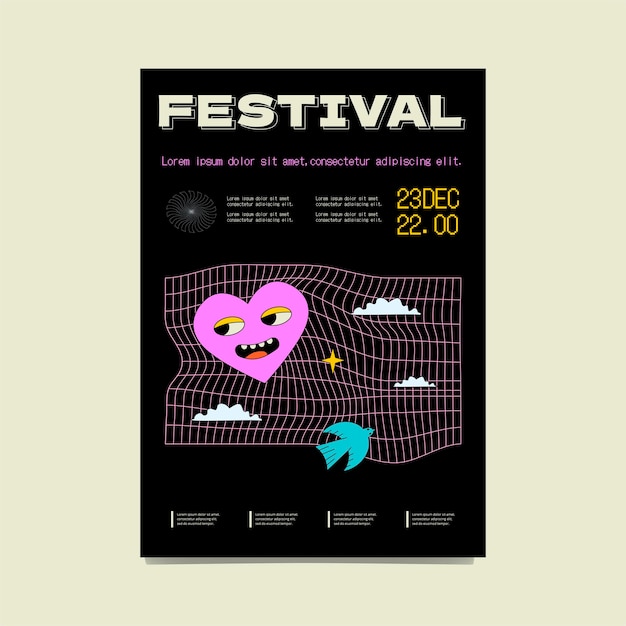 Afiche del festival psicodélico con loco corazón sonriente y fondo de malla Estampado de volante rave minimalista