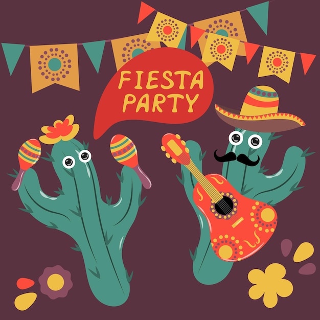 Vector afiche para una fiesta mexicana con divertidos cactus