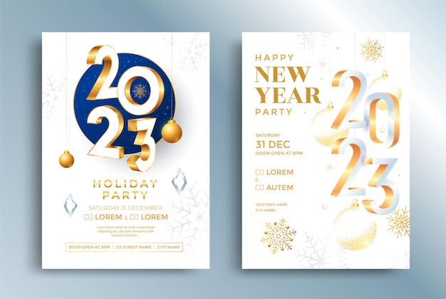 Afiche de la fiesta navideña de año nuevo 2023. folleto de invitación de feliz navidad con elemento de decoración dorada