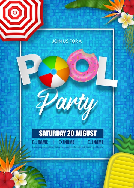 Vector afiche de fiesta en la piscina de verano con hojas tropicales hinchables y sombrilla en el fondo del agua