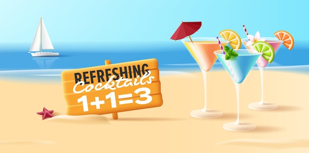 Afiche de fiesta en la playa con ilustración de cócteles 3d en copas triangulares de martini con sombrilla y rebanadas de limón con promoción de tablero uno más uno es tres
