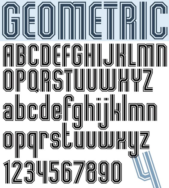 Afiche de fuentes y números angostos con estilo negro, letras masivas geométricas con líneas triples.