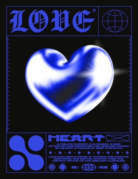 Afiche futurista con corazón en 3D Estampado elegante en estilo tecno para estampado de ropa de calle para camisetas