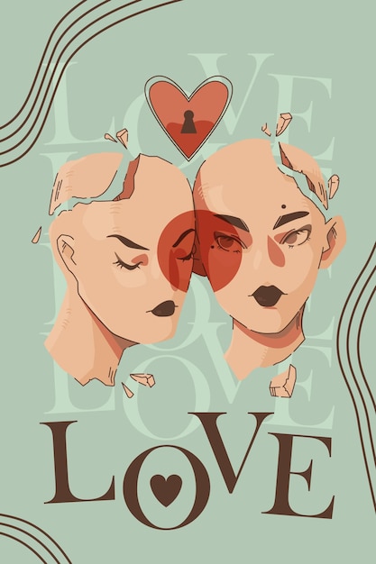 Vector afiche con gente enamorada. ilustración de dos cabezas humanas en el fondo de la palabra amor