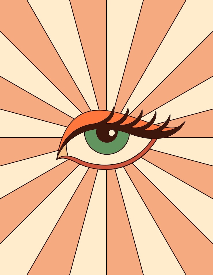 Vector afiche de groovy hippie con fondo de rayos radiales vectoriales eye and sunburst en estilo retro de los años setenta