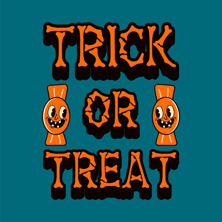 Afiche de Halloween Estilo retro de moda y personaje de caramelo funky Años 70 Truco o trato Tarjetas de volante vectoriales divertidas Vintage