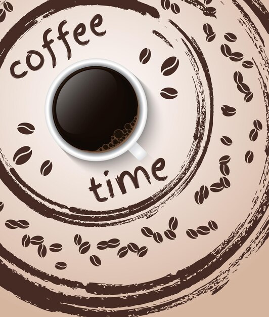 Afiche de la hora del café con una taza de café realista llena de espresso clásico negro