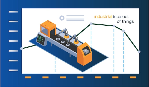 Afiche industrial de internet de las cosas con maquinaria y gráfico de dinámica de la industria de brazos robóticos